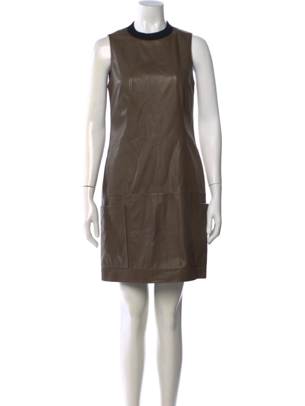 Jason Wu Olive Lamb Leather Sleeveless Shift Dress with Black Ribbed Collar